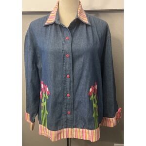 LIGHTHOUSE APPAREL~LARGE~LADIES BLUE Jean DENIM Button Up SHIRT Blouse Floral
